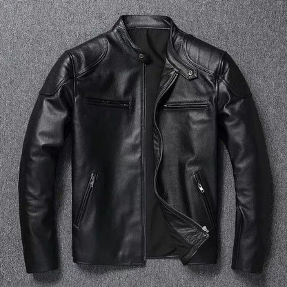 New Vintage Black Leather Jacket Natural Cowhide Men Motorcycle Biker Coat Mens Slim Calf Skin Coat
