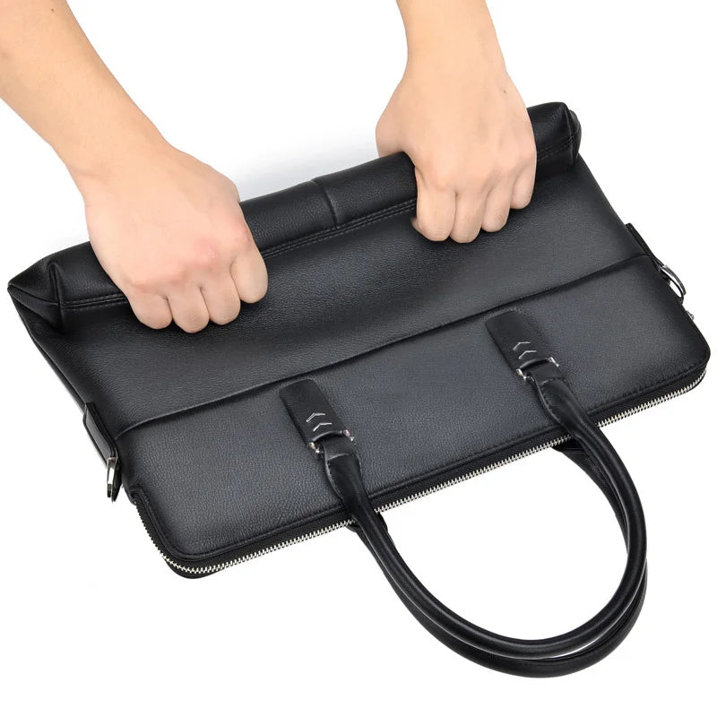 Men's Professional Leather Briefcase - 14" Laptop Office Bag with Shoulder Strap, Waterproof Business Messenger Bag