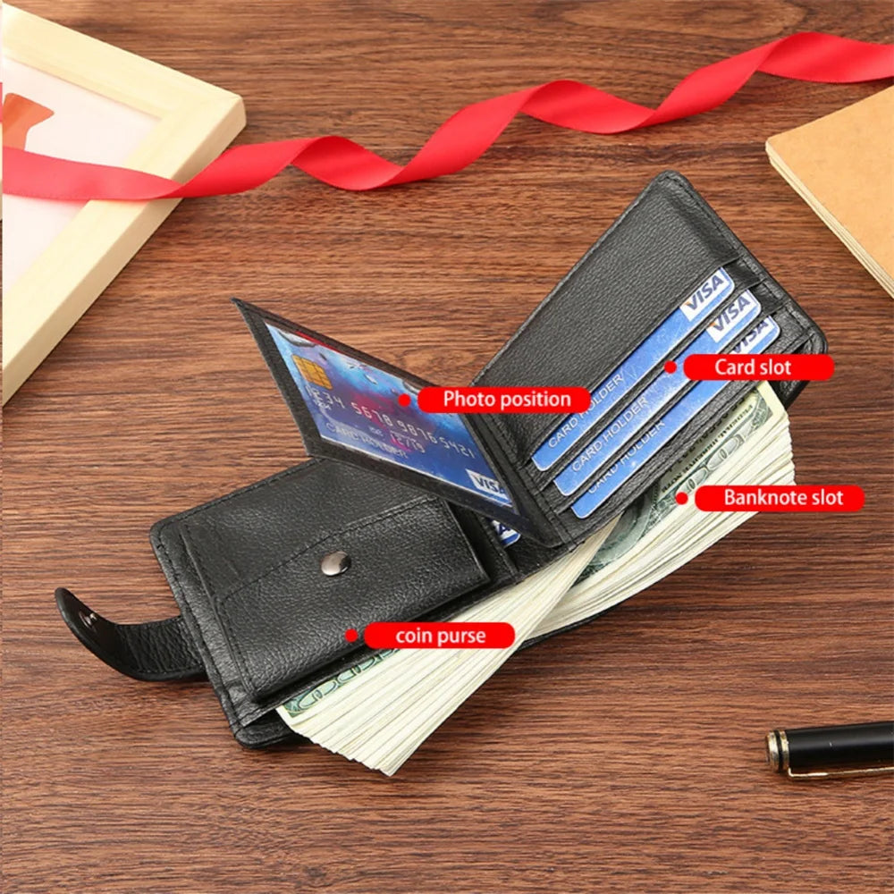 Men's Slim Bifold Wallets Leather Multiple Card Holder Purses with Driver License ID Windows Man Short Wallet with Coin Pouch