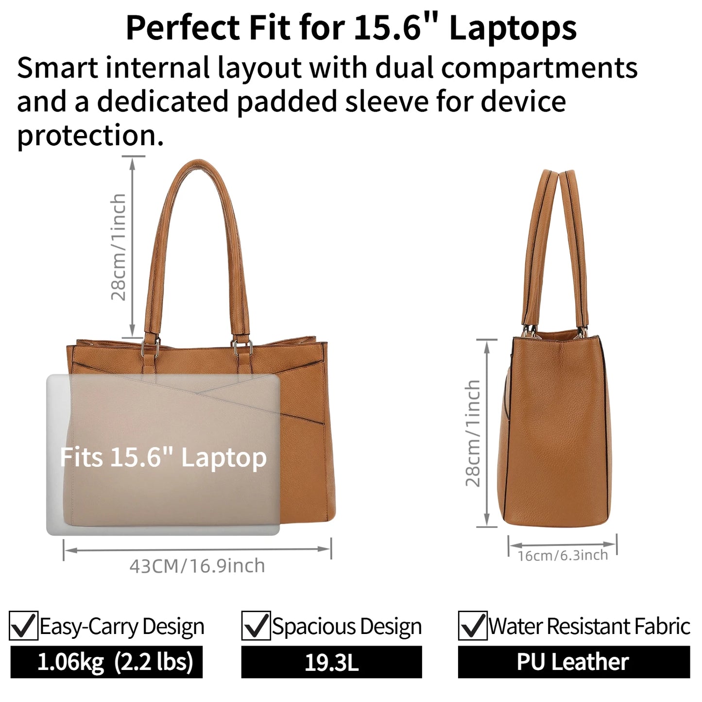 Laptop Tote Bags for Women 15.6 Inch Pu Leather with Pockets Top Handle Computer Handbags Business Office Work for Ladies