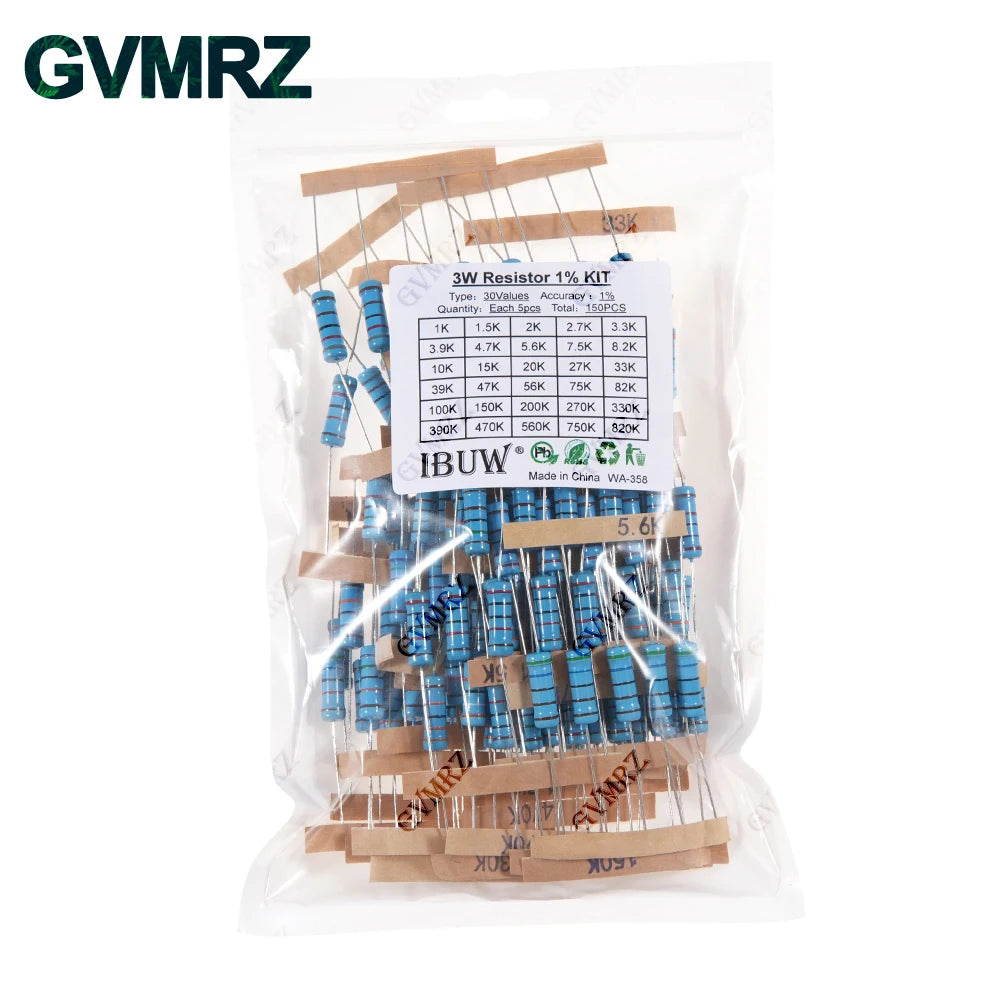 1/4W 1/2W 1W 2W 3W Resistance Set 1% Metal Film Resistor Assortment Kit 1K~820K 0.1R~750R 10K