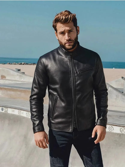 Black Winter Leather Jacket Men Sports Style Plus Size 4XL Genuine Natural Thick Cowhide Stand Collar Slim Fit Leather Coat
