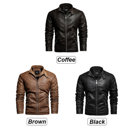 Men Fashion Leather Jacket Men Autumn Motorcycle Slim Fleece Jacket Coat Men Spring Outdoor Casual Motor Biker PU Leather Jacket