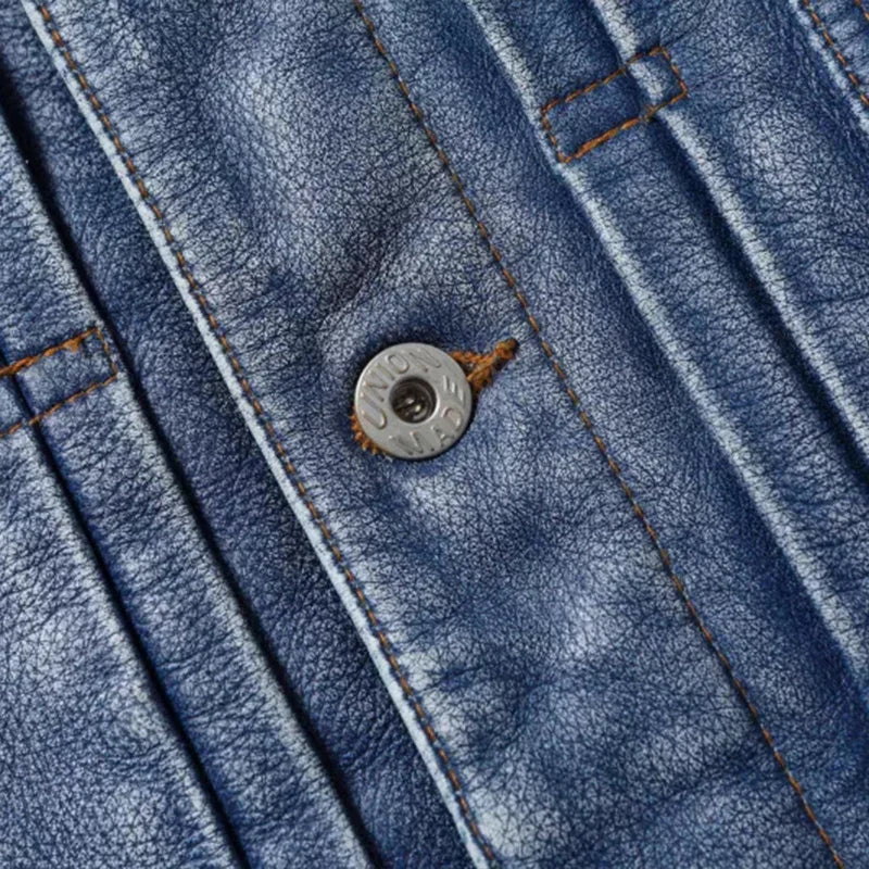 2023 New Leather Jacket Men's Single-Breasted Denim Blue Retro Old Motorcycle Leather Jacket Slim-Fit Lapel Coat
