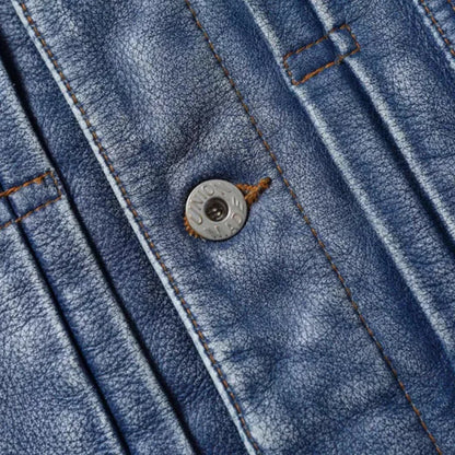 2023 New Leather Jacket Men's Single-Breasted Denim Blue Retro Old Motorcycle Leather Jacket Slim-Fit Lapel Coat