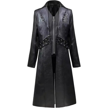 Mens Steampunk Faux Leather Jacket Fashion Medieval Trench Coat Long Outwear Autumn Winter Gothic Motorcycle Halloween Stage