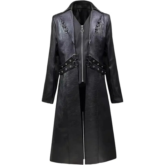 Mens Steampunk Faux Leather Jacket Fashion Medieval Trench Coat Long Outwear Autumn Winter Gothic Motorcycle Halloween Stage