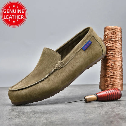 Men's Genuine Leather Handcrafted Slip-On Shoes - Breathable Comfortable Rubber Bottom Casual Formal Loafers