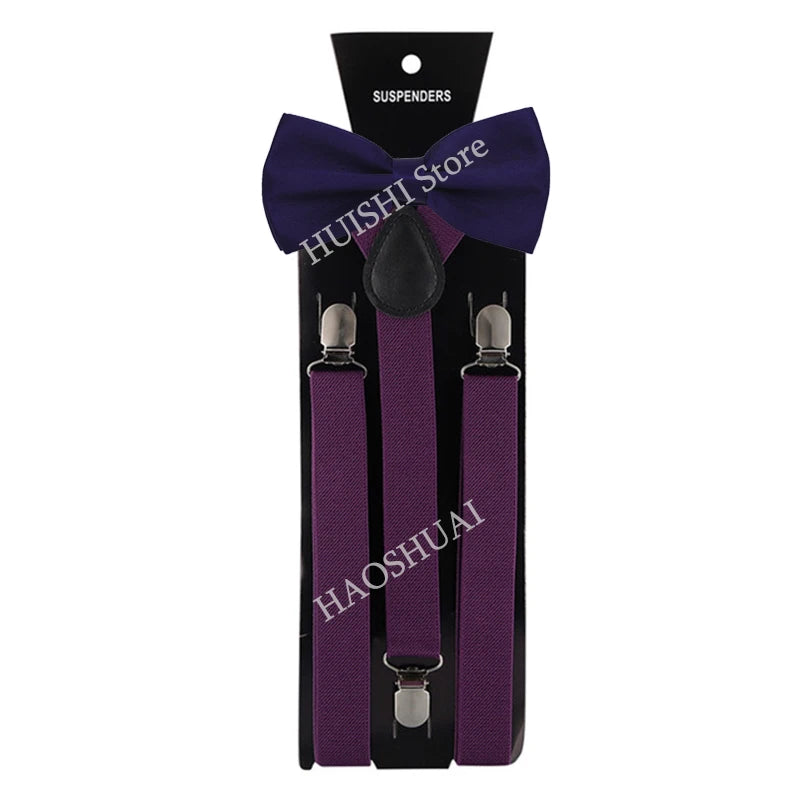 Suspenders Man Bowtie Solid Color Elastic PU Leather Suspenders For Man Belt Adjustable Straps For Wedding Bow Tie Accessories