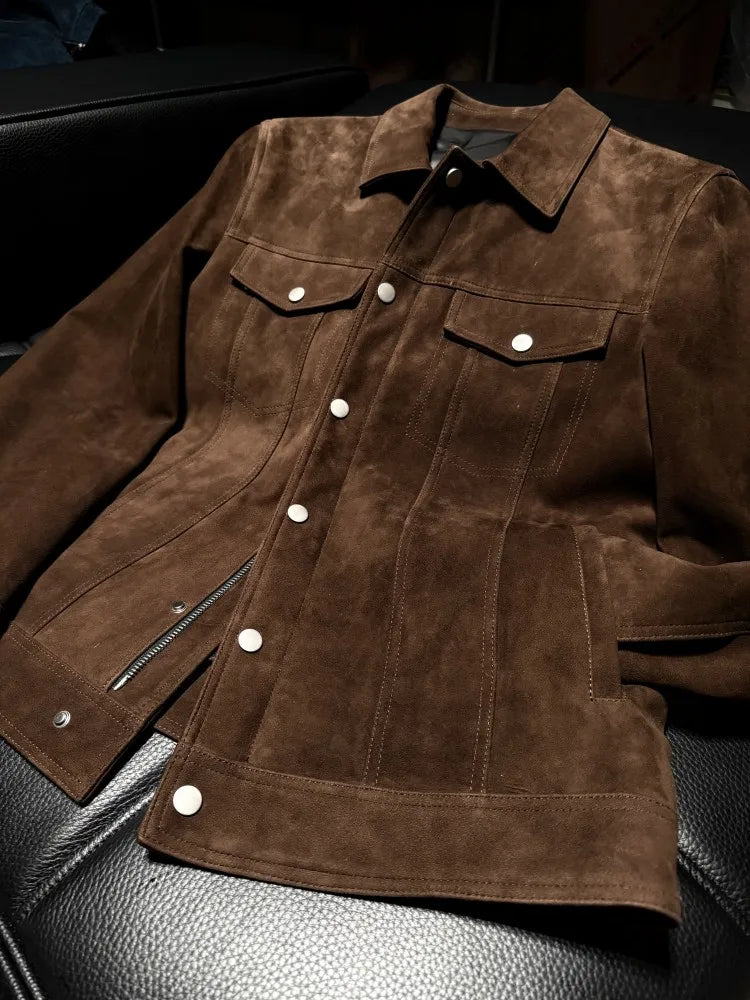 Luxury Mens Real Suede Leather Jacket Autumn Business Work Coat Spring Single Breasted Slim Fit Natural Suede Jacket Outerwear
