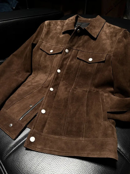 Luxury Mens Real Suede Leather Jacket Autumn Business Work Coat Spring Single Breasted Slim Fit Natural Suede Jacket Outerwear