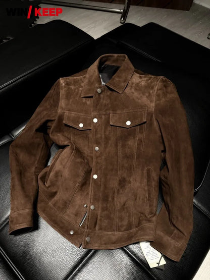 Luxury Mens Real Suede Leather Jacket Autumn Business Work Coat Spring Single Breasted Slim Fit Natural Suede Jacket Outerwear