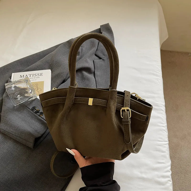 Matte Leather Suede Tote Handbags for Women Large Capacity Retro Shoulder Bag Fall Winter Belt Design Female Crossbody Bags
