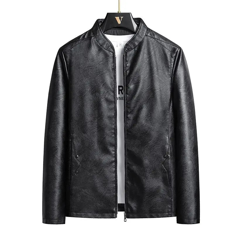 Men's Motorcycle PU Leather Jacket Spring New Thin Stand-up Collar Slim Handsome Top