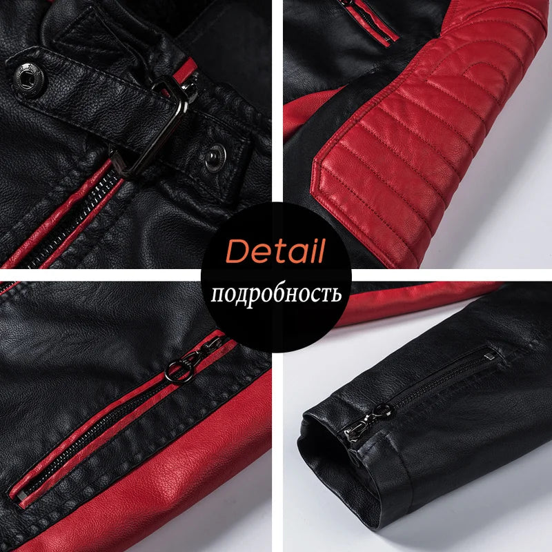 Men Motorcycle Leather Jacket Coat Fur Waterproof Warm Fashion Splicing Vintage Stand Collar Riding Black Long Jacket