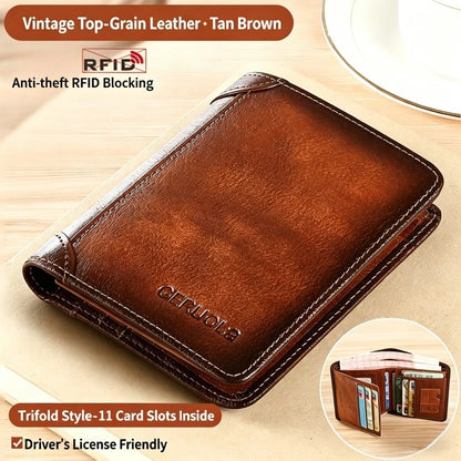 Genuine Leather Men's Wallets RFID Blocking Trifold Business Short Purse Wallet for Men with ID Window and Credit Card Holder