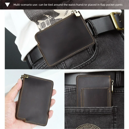 Genuine Leather Men's Short Wallet Ultrathin with Belt Loop Belt Hanging Money Pouch Portable Lightweight Zipper Coin Purse