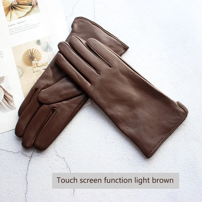 Leather Sheepskin Gloves Women's Autumn Warm Fleece Lining Color Fashion Thin Outdoor Activities Electric Bike Riding Driving