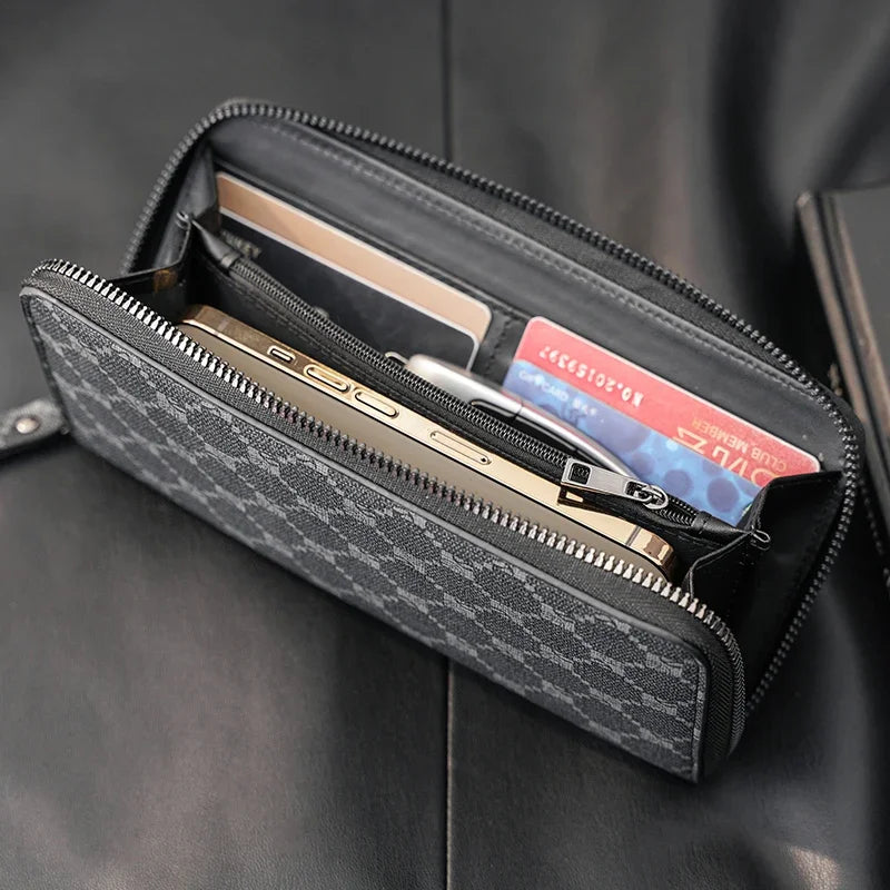 Fashion Men's High Quality Pu Leather  Long Wallet Mobile Phone Card Clip Coin Purse Pattern Plaid Wallet Large Capacity