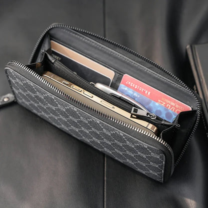 Fashion Men's High Quality Pu Leather  Long Wallet Mobile Phone Card Clip Coin Purse Pattern Plaid Wallet Large Capacity