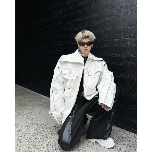 White Deconstructive Motorcycle Leather Coat men Spring Autumn Style American High Street Ruffian Handsome Heavy Industry Jacket