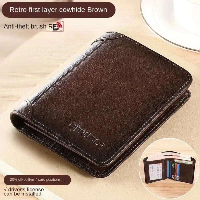 Genuine Leather Men's Wallets RFID Blocking Trifold Business Short Purse Wallet for Men with ID Window and Credit Card Holder