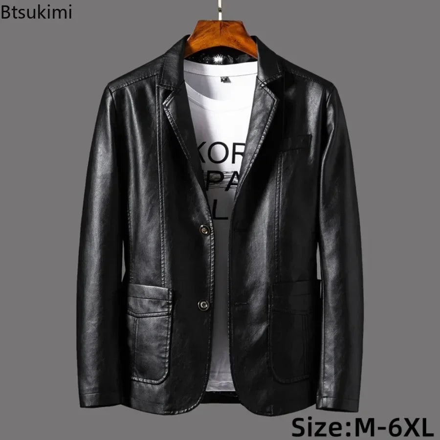 2026 Men's Leather Jackets Lapel Business Leather Jackets Men Pu Blazers Korean Style Slim Fashion Leather Coat Plus Size M-6XL
