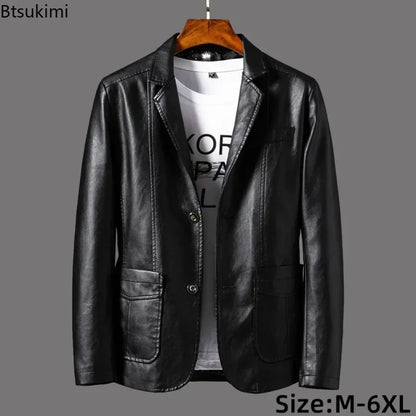 2026 Men's Leather Jackets Lapel Business Leather Jackets Men Pu Blazers Korean Style Slim Fashion Leather Coat Plus Size M-6XL