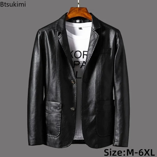 2026 Men's Leather Jackets Lapel Business Leather Jackets Men Pu Blazers Korean Style Slim Fashion Leather Coat Plus Size M-6XL