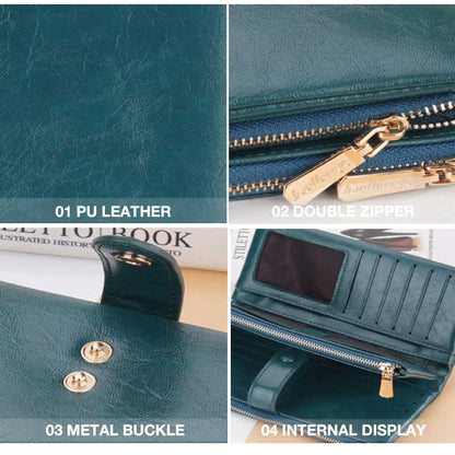 Oil Wax Leather Women's Long Wallet With Double Zipper Buckle Large Capacity Clutch Bag Multi-Card Holder
