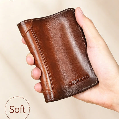 Genuine Leather Men's Wallets RFID Blocking Trifold Business Short Purse Wallet for Men with ID Window and Credit Card Holder
