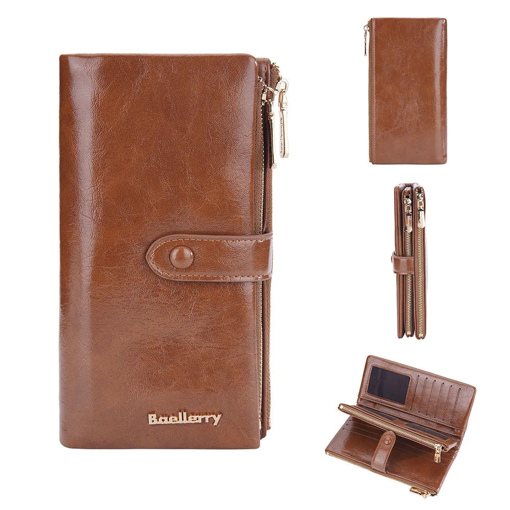 Oil Wax Leather Women's Long Wallet With Double Zipper Buckle Large Capacity Clutch Bag Multi-Card Holder