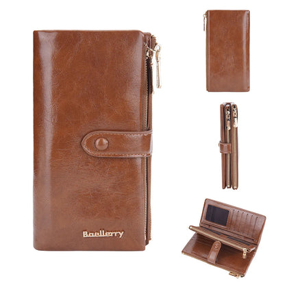 Oil Wax Leather Women's Long Wallet With Double Zipper Buckle Large Capacity Clutch Bag Multi-Card Holder