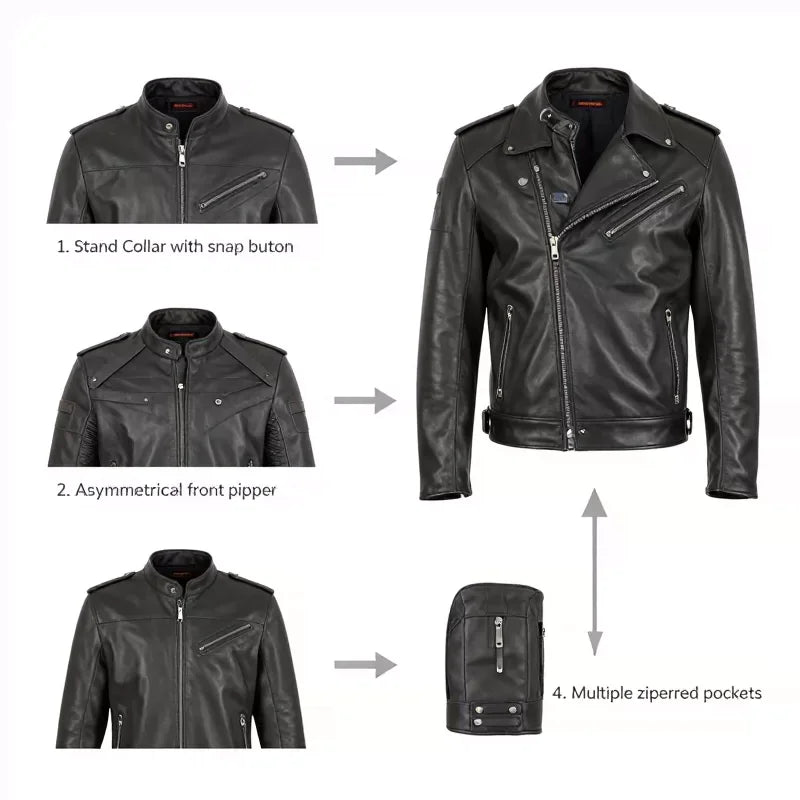 Men's First-Layer Cowhide Leather Jacket Stand Collar Biker Motorcycle Jacket Asymmetrical Zipper Slim Fit