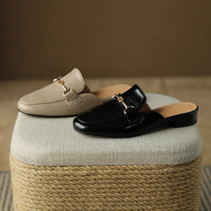Genuine leather shoes women  mules slipper Cover Toe Elegant Slippers  summer Simple Casual Loafers
