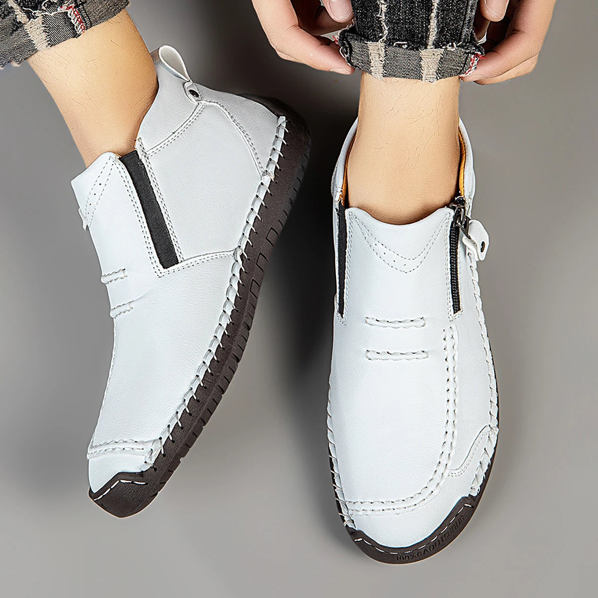 Classic Handmade Leather Men's Shoes Casual Banquet Fashion Men Boots Comfy Flat Ankle Boots White Mokasin Shoes Work Shoes