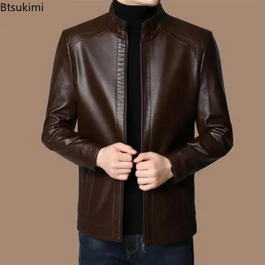 New Spring Autumn Leather Jackets Men Middle-aged Dad Installed Sheepskin Casual Business PU Jacket Male Faux Leather Suit Coats