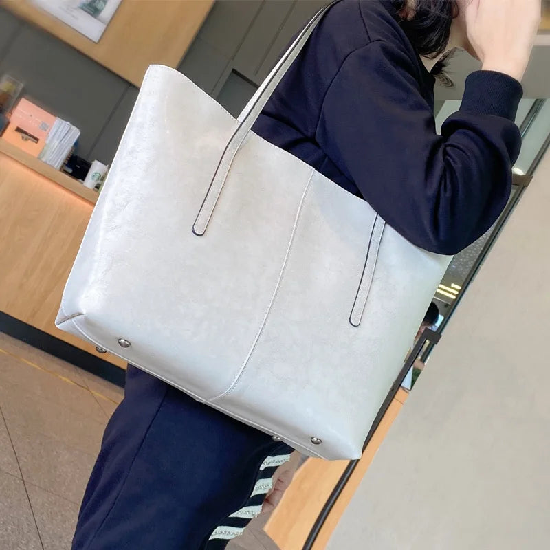 Genuine Leather Women's Large Capacity Tote Bag Women Fashion High quality Cowhide hand shoulder bag Commuter shopping bag