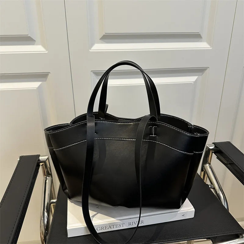 Minimalist Sleek Leather 2-in-1 Tote BagS Large Capacity Shoulder Bag with Top Handle Spacious Purse for Work Commute Occasions