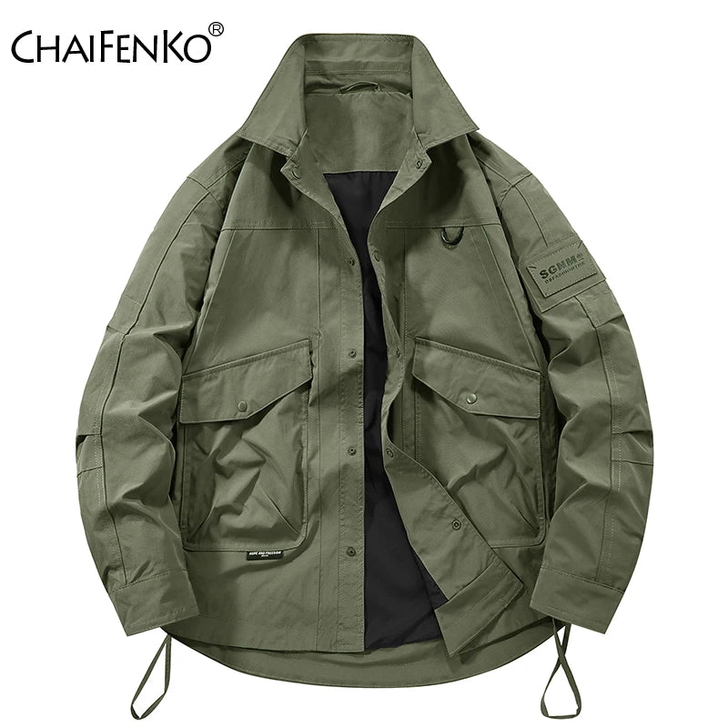 Man Leisure Jackets Spring Autumn Fashion Flip Collar Windproof  Tops New Solid Color Outdoors Motion Loose Big Pocket Coats Man