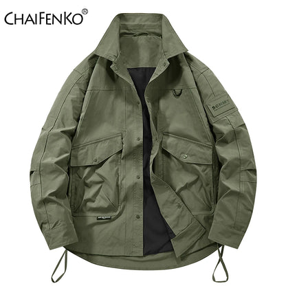 Man Leisure Jackets Spring Autumn Fashion Flip Collar Windproof  Tops New Solid Color Outdoors Motion Loose Big Pocket Coats Man