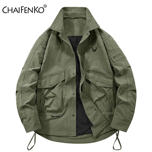 Man Leisure Jackets Spring Autumn Fashion Flip Collar Windproof  Tops New Solid Color Outdoors Motion Loose Big Pocket Coats Man