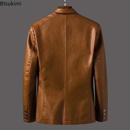 2026 Men's Leather Jackets Lapel Business Leather Jackets Men Pu Blazers Korean Style Slim Fashion Leather Coat Plus Size M-6XL