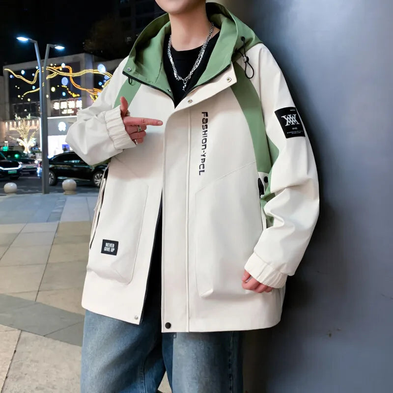 Men's High Streetwear Fashion Hooded Jackets 2026 Spring Autumn Loose Casual Coats Youth Outdoor Sports Windbreaker Top Clothing