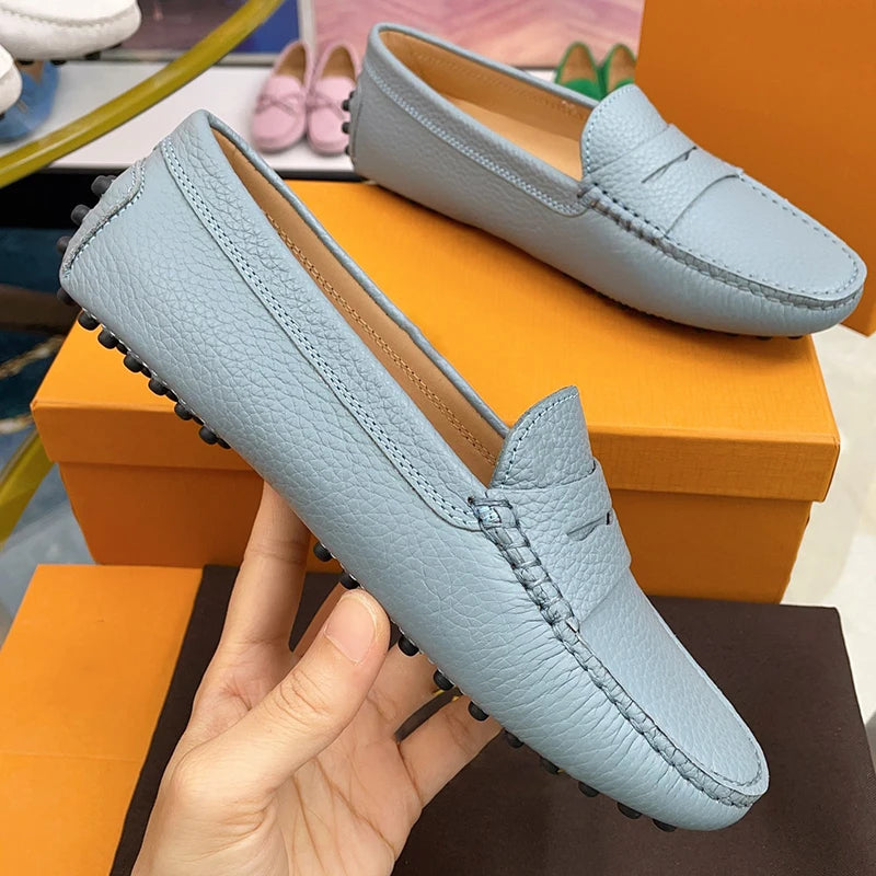Ladies Spring Summer Genuine Leather Slip-On Shoes Soft Bottom Lightweight Comfortable Walking Flats Casual Office Footwear