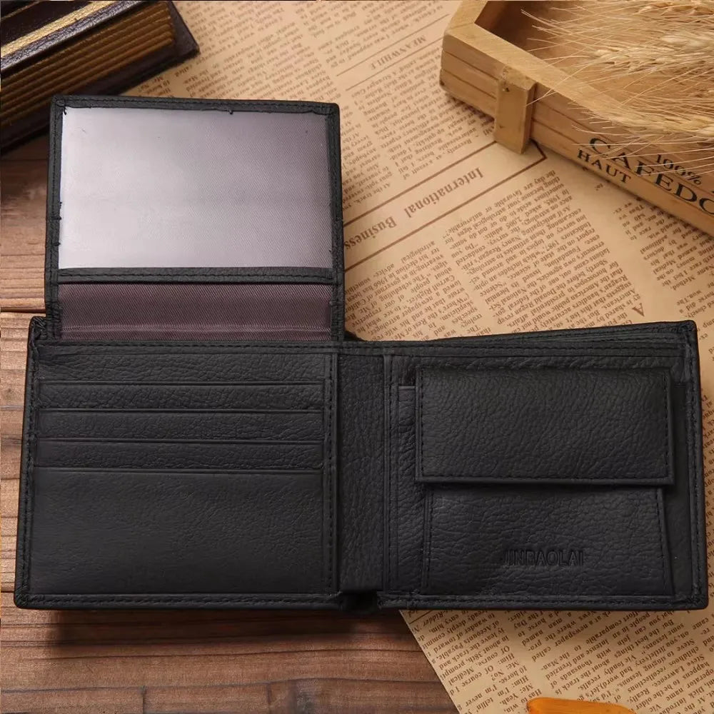 Retro Genuine Leather Men's Short Wallet with Name Engraving Card Holder Simple Zipper Coin Pocket Money Clip Male Purses