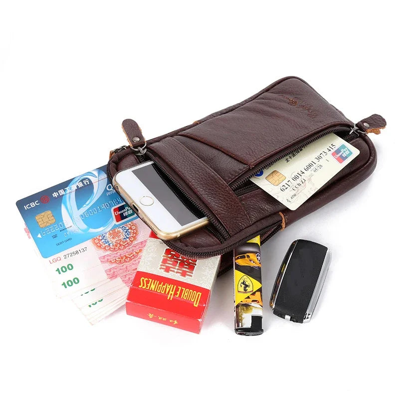 Leather Waist Bag Men's Mobile Phone Bag Wearing Belt Outdoor Sport One Shoulder Small Bag Doing Business Crossbody Bags