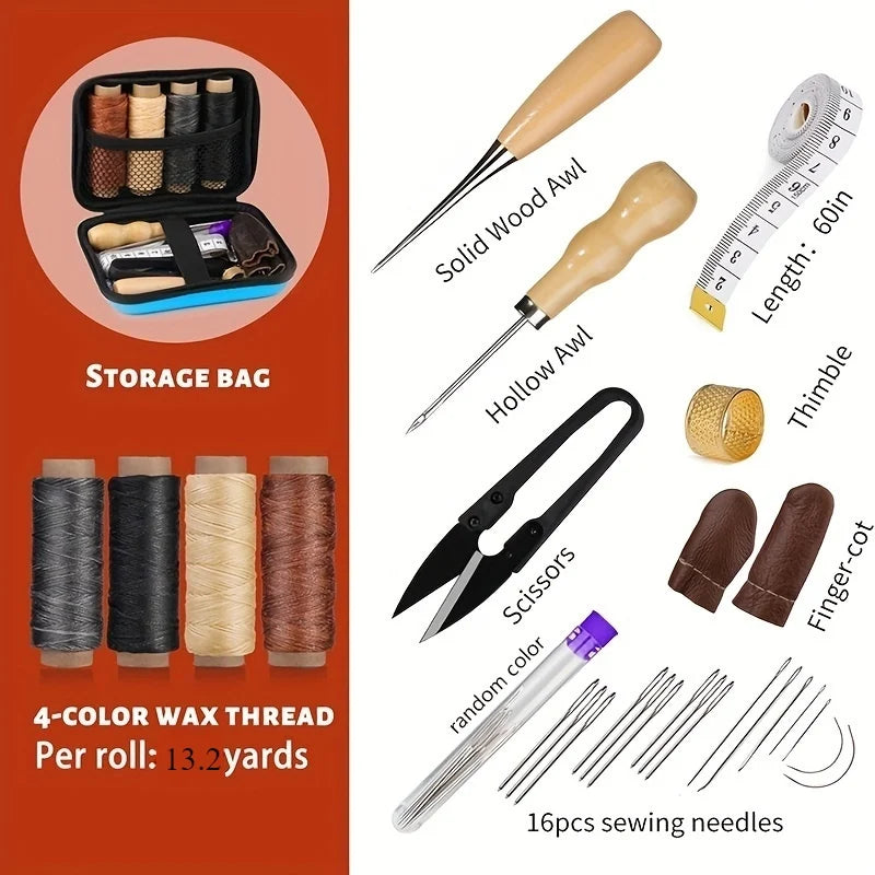 Leather Sewing Tools Kit With Waxed Thread And Needles Awl Professional DIY Leather Handmade Craft Accessories Tools Set