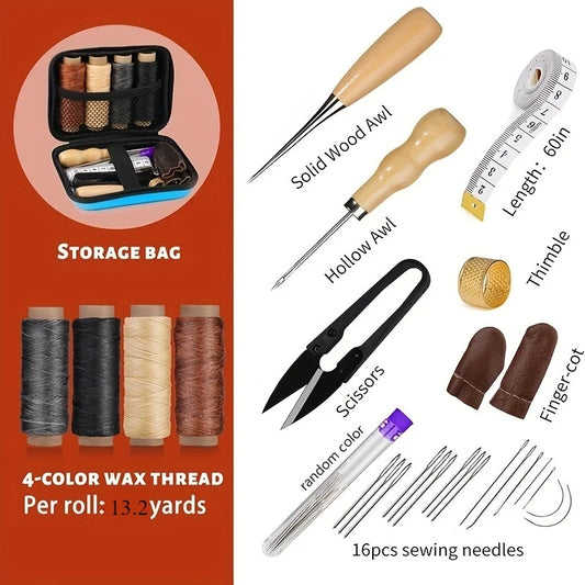 Leather Sewing Tools Kit With Waxed Thread And Needles Awl Professional DIY Leather Handmade Craft Accessories Tools Set
