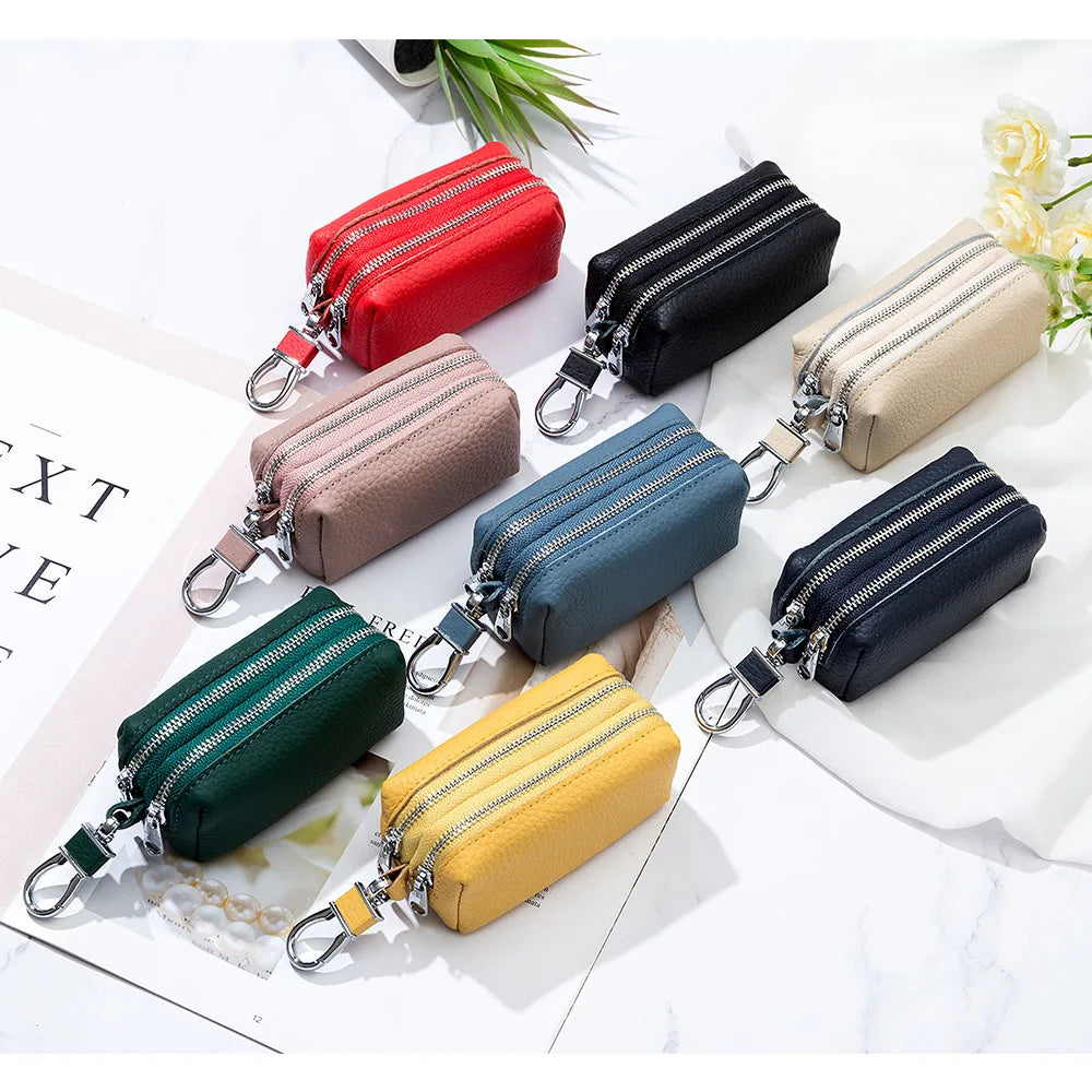 Genuine Top Grain Leather Double Layer Key Case Large Capacity Multifunctional Wallet for Men and Women, Card Holder Coin Purse